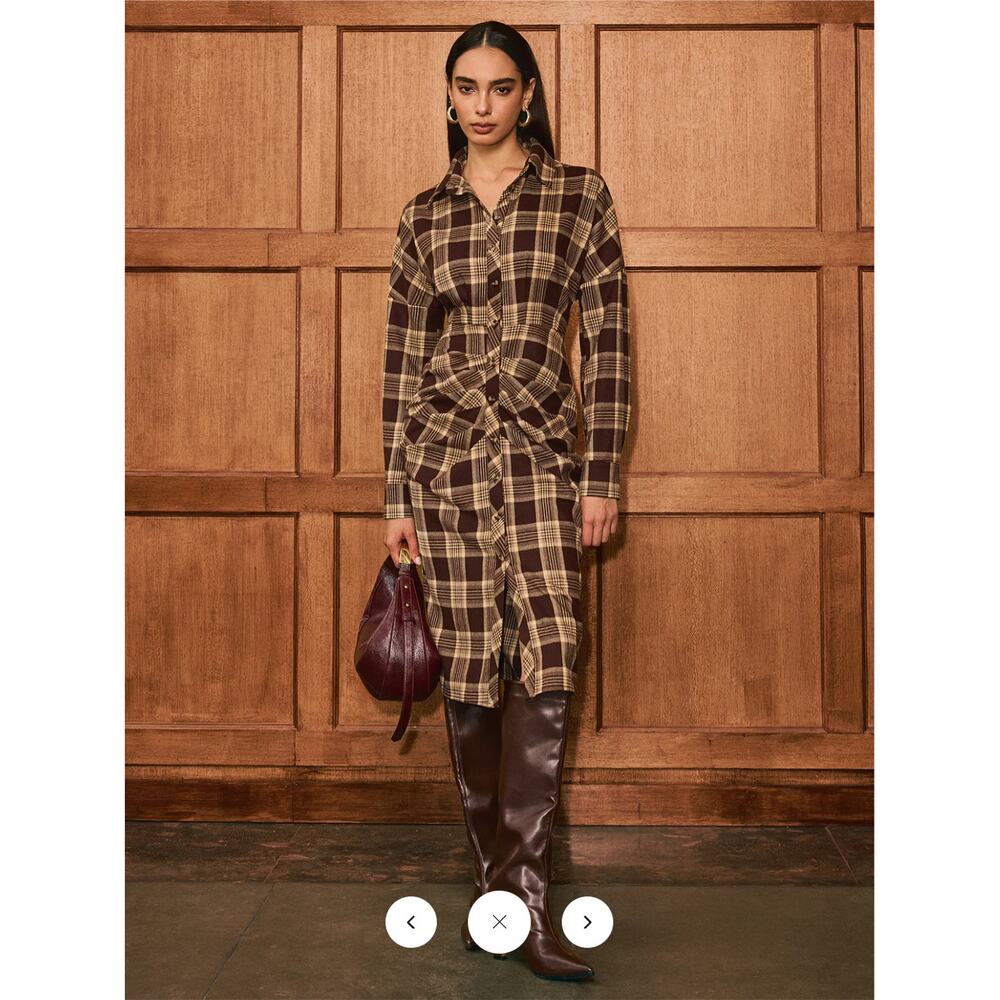 Commense Ruched Button-Front Plaid Shirt Dress Sz S